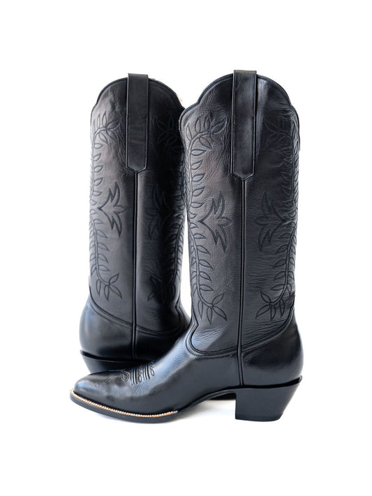 Leaves Embroidery Almond-Toe Wide Knee High Cowgirl Boots - Black