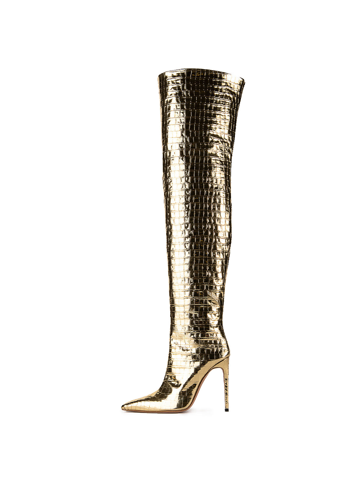 Metallic Gold Crocodile Print Pointed-Toe Wide Calf Over-The-Knee Stiletto Boots