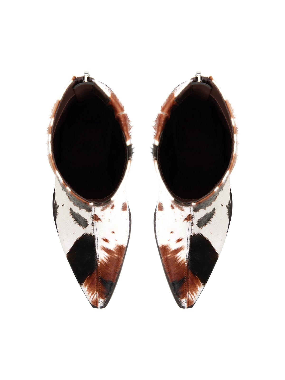 Cow Print Pointed-Toe Back Full-Zip Ankle Cowgirl Boots