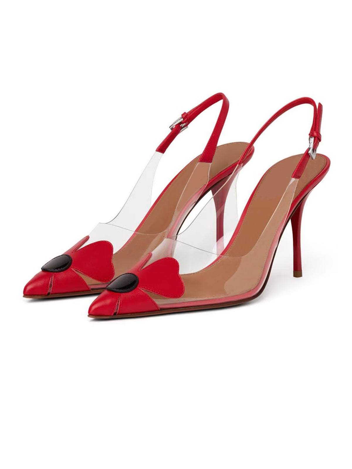 Patent Red Flower And TPU Transparent Film Pointed-Toe Slip-On High Heels