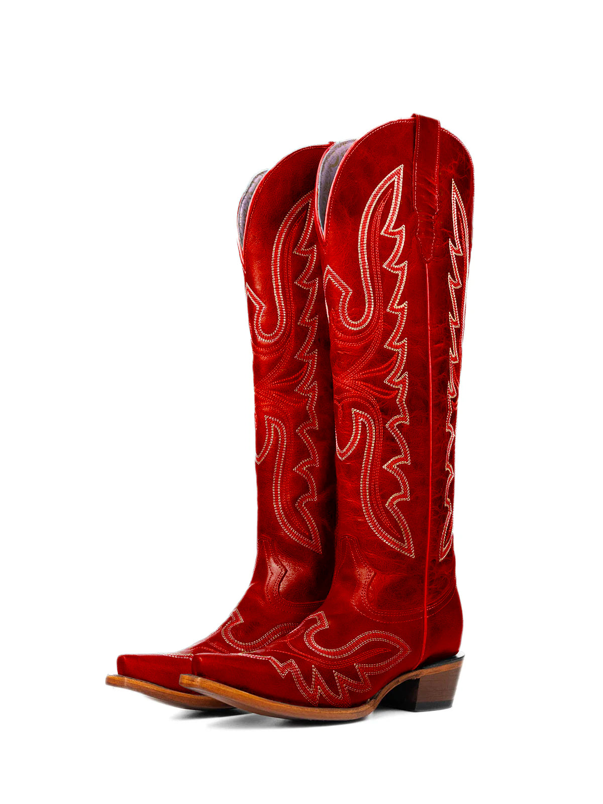 Distressed Red Snip-Toe Embroidery Knee High Tall Half-Zip Cowgirl Boots
