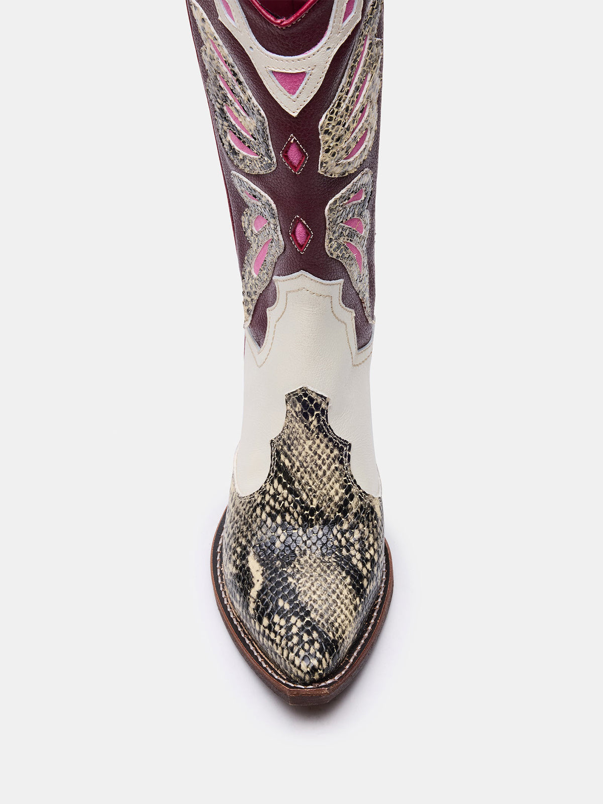 Contrast Tri-Color Snakeskin Print Pointed-Toe Butterfly Inlay Mid Calf Cowgirl Boots