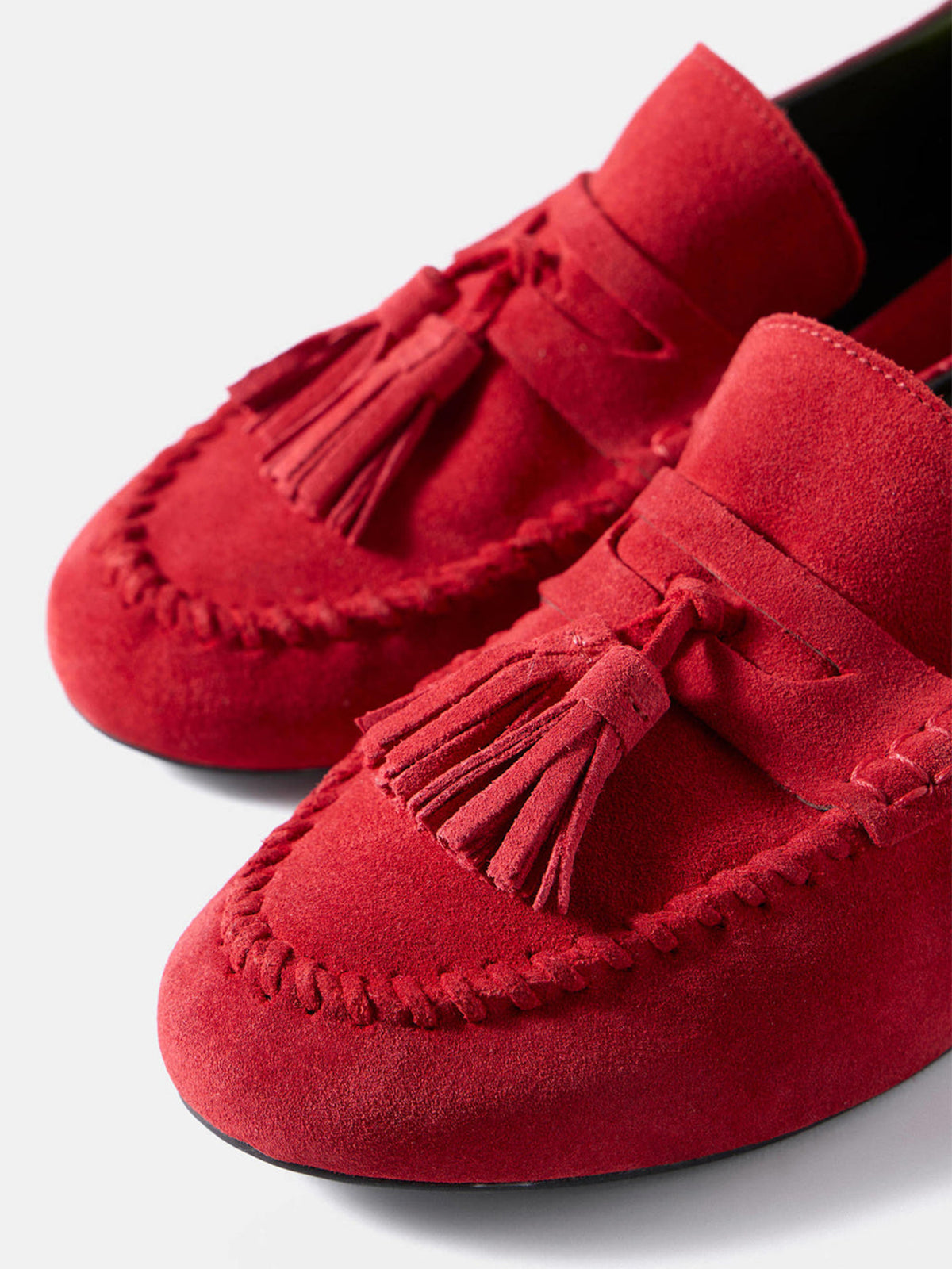 Red Cow Suede Round-Toe Front Fringe Chic Loafers Slip-On Flats