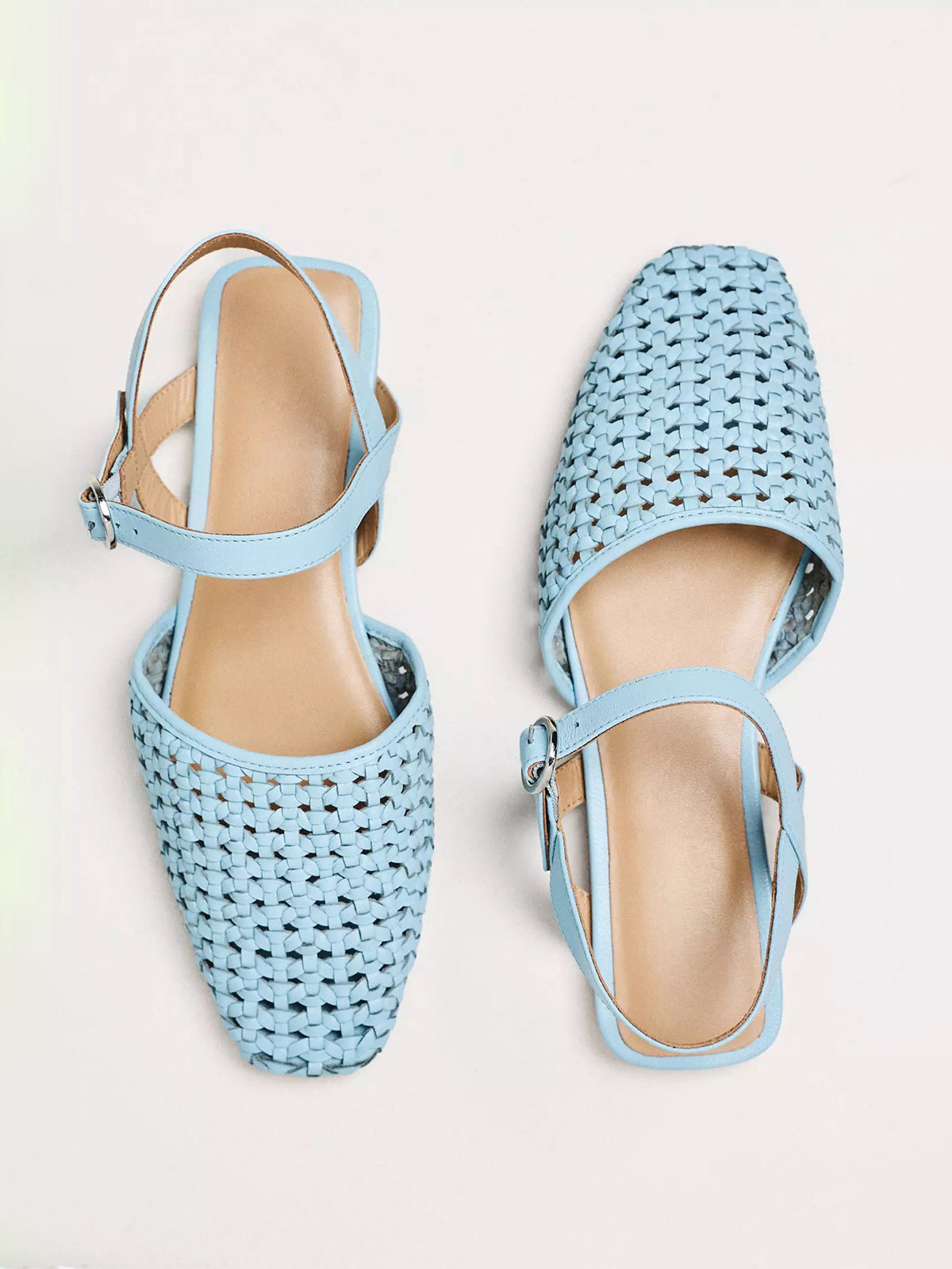Blue Vegan Leather Woven Square-Toe Ankle Strap Flats