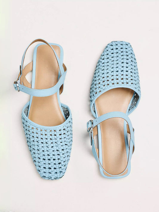 Blue Vegan Leather Woven Square-Toe Ankle Strap Flats