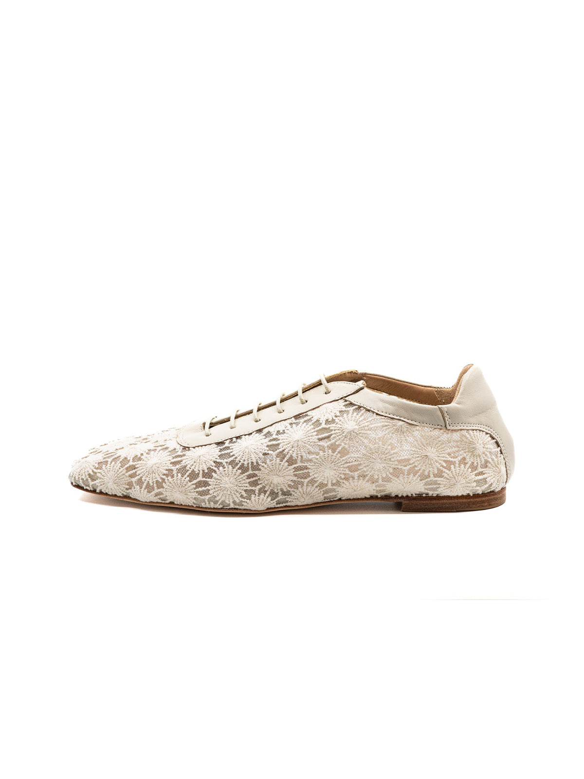 Offwhite Mesh And Vegan Leather Square-Toe Lace-Up Chic Flats