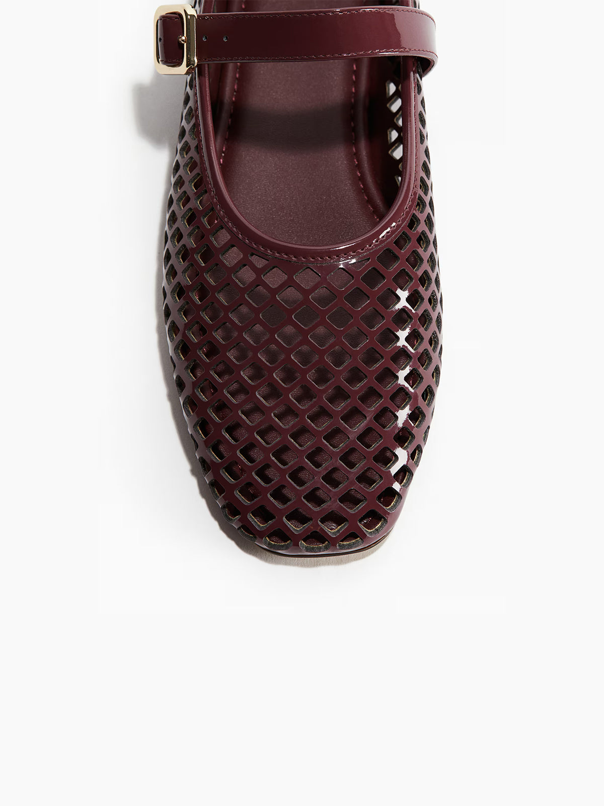 Perforated Square-Toe Bridge Strap Mary Jane Ballet Flats - Patent Burgundy