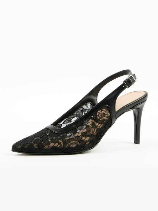 Black Lace Mesh Pointed-Toe Classic Back Strap Chic Kitten Heels