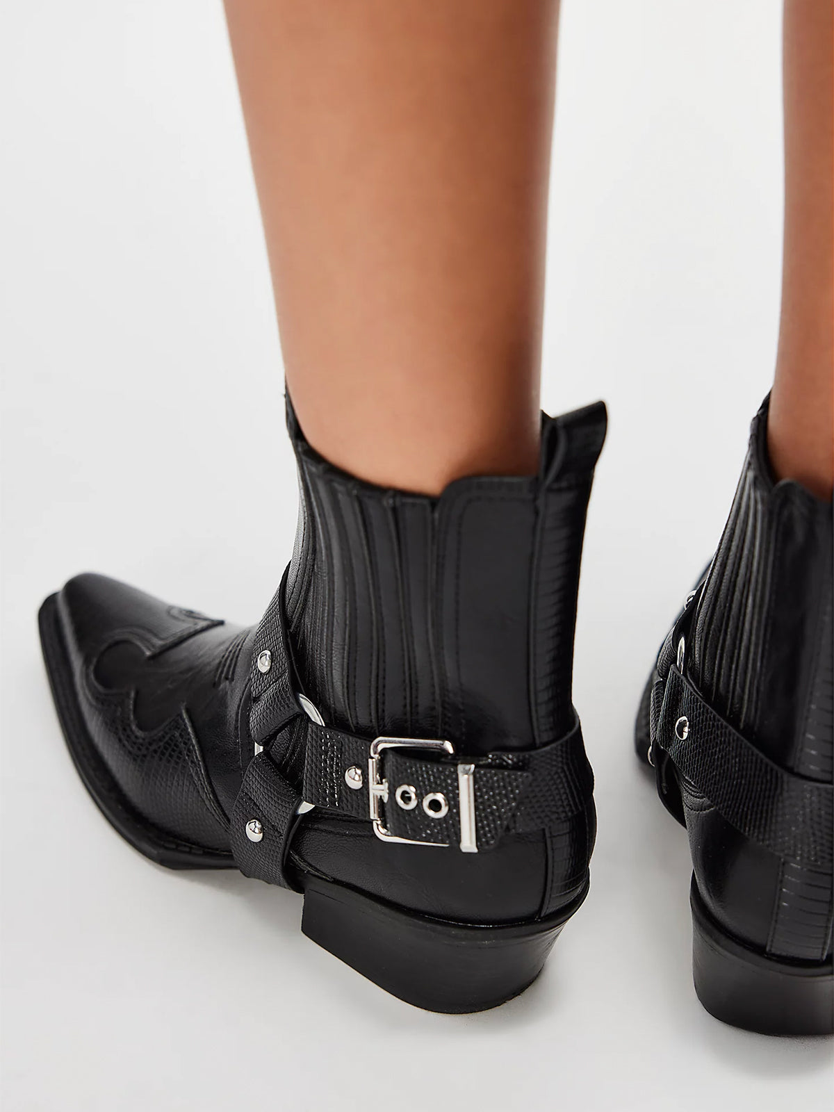 Black Lizard Print Snip-Toe Buckle Straps Ankle Cowgirl Boots