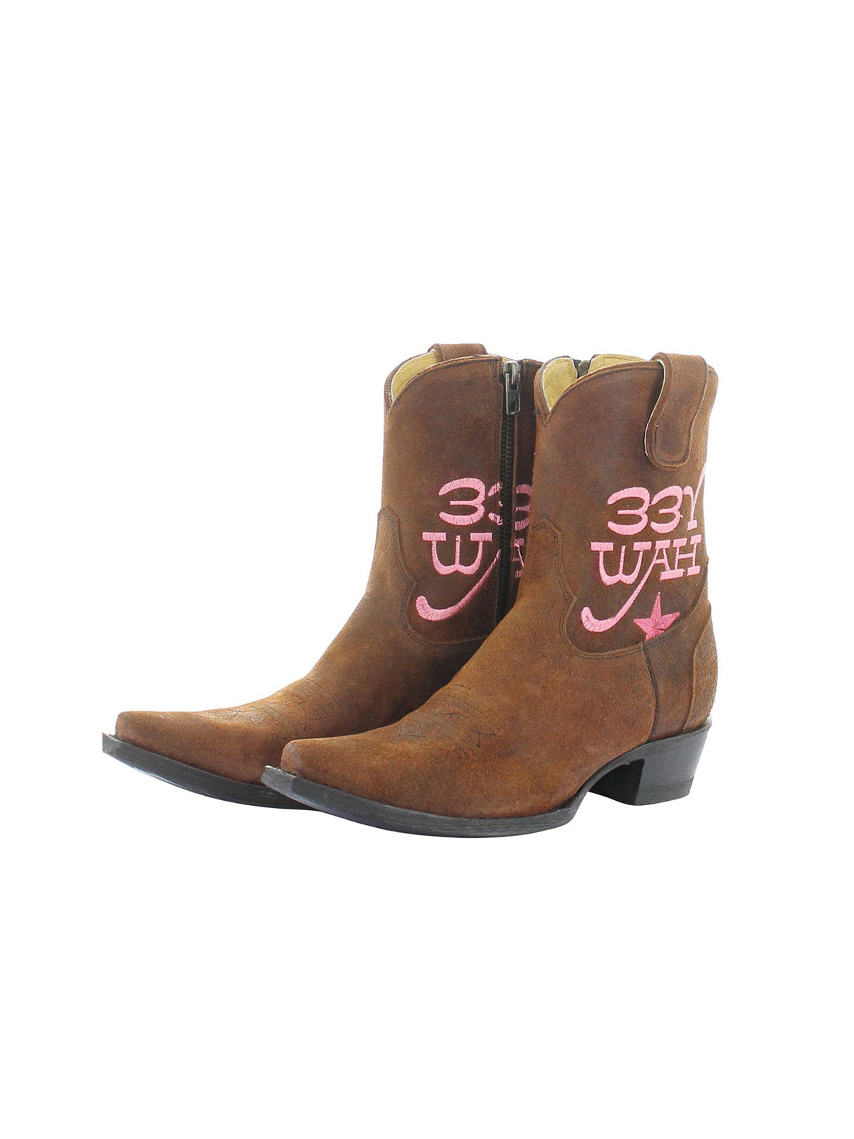 Brown Faux Suede Snip-Toe "YEE HAW" Embroidery Full-Zip Ankle Cowgirl Boots