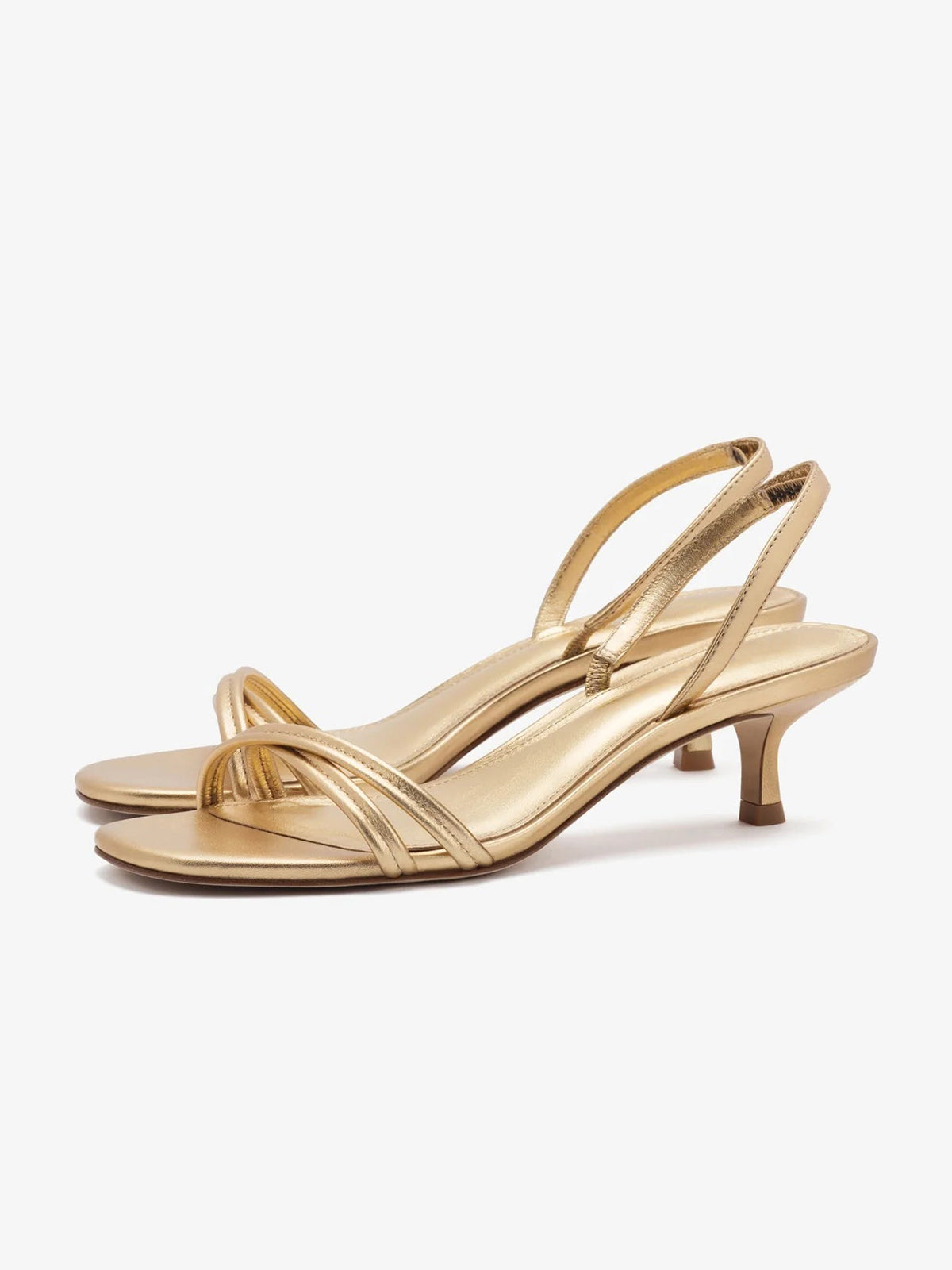 Metallic Gold Square-Toe Front Cross Strap Slingback Kitten Heels