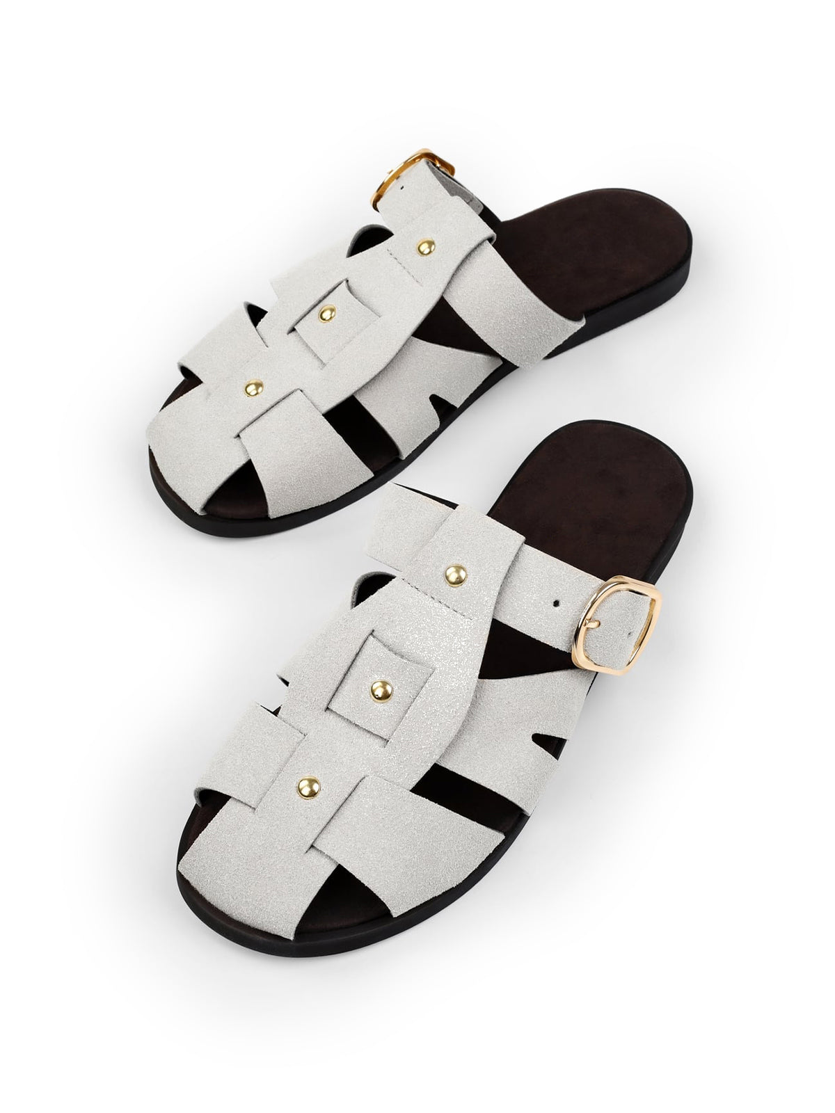 Gray Cow Suede Round-Toe Caged Detail And Studs Backless Flats