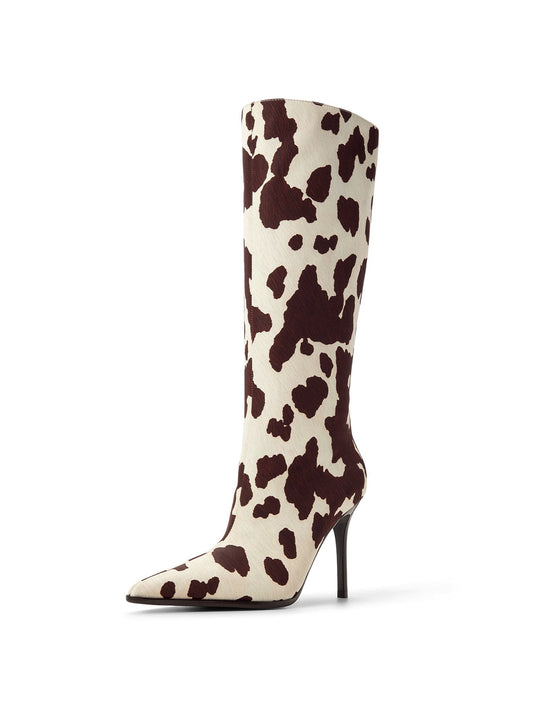 Cow Print Pointed-Toe Full-Zip Knee High Stiletto Boots