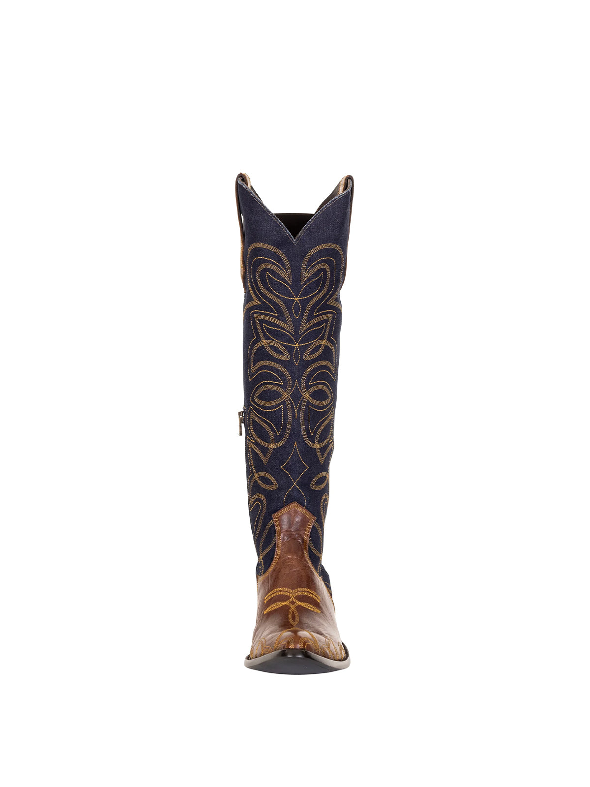 Blue Denim Contrast Vegan Leather Almond-Toe Embroidery Half-Zip Knee High Cowgirl Boots