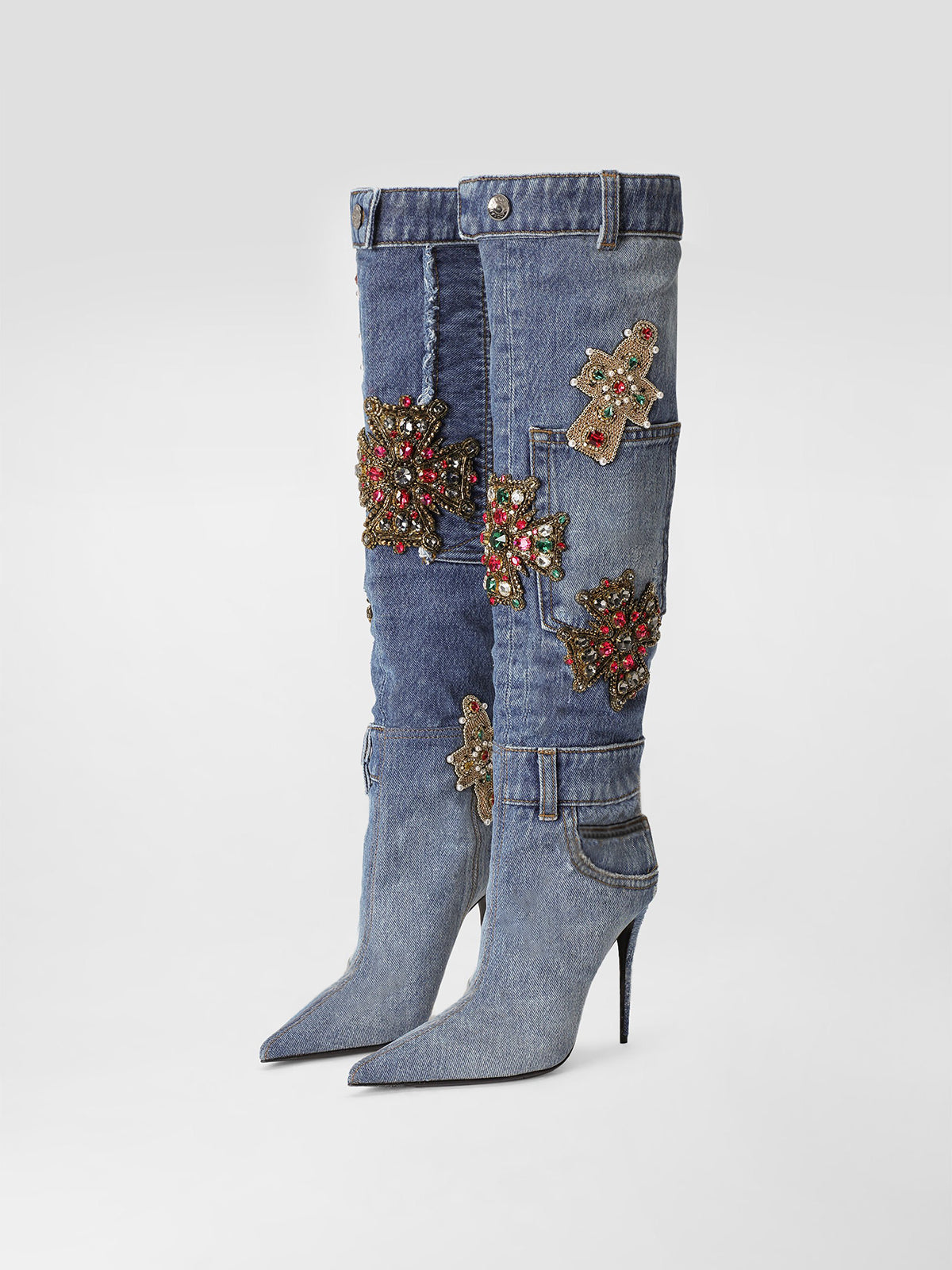 Blue Denim Pointed-Toe Crystals Appliqués Wide Calf Knee High Stiletto Boots