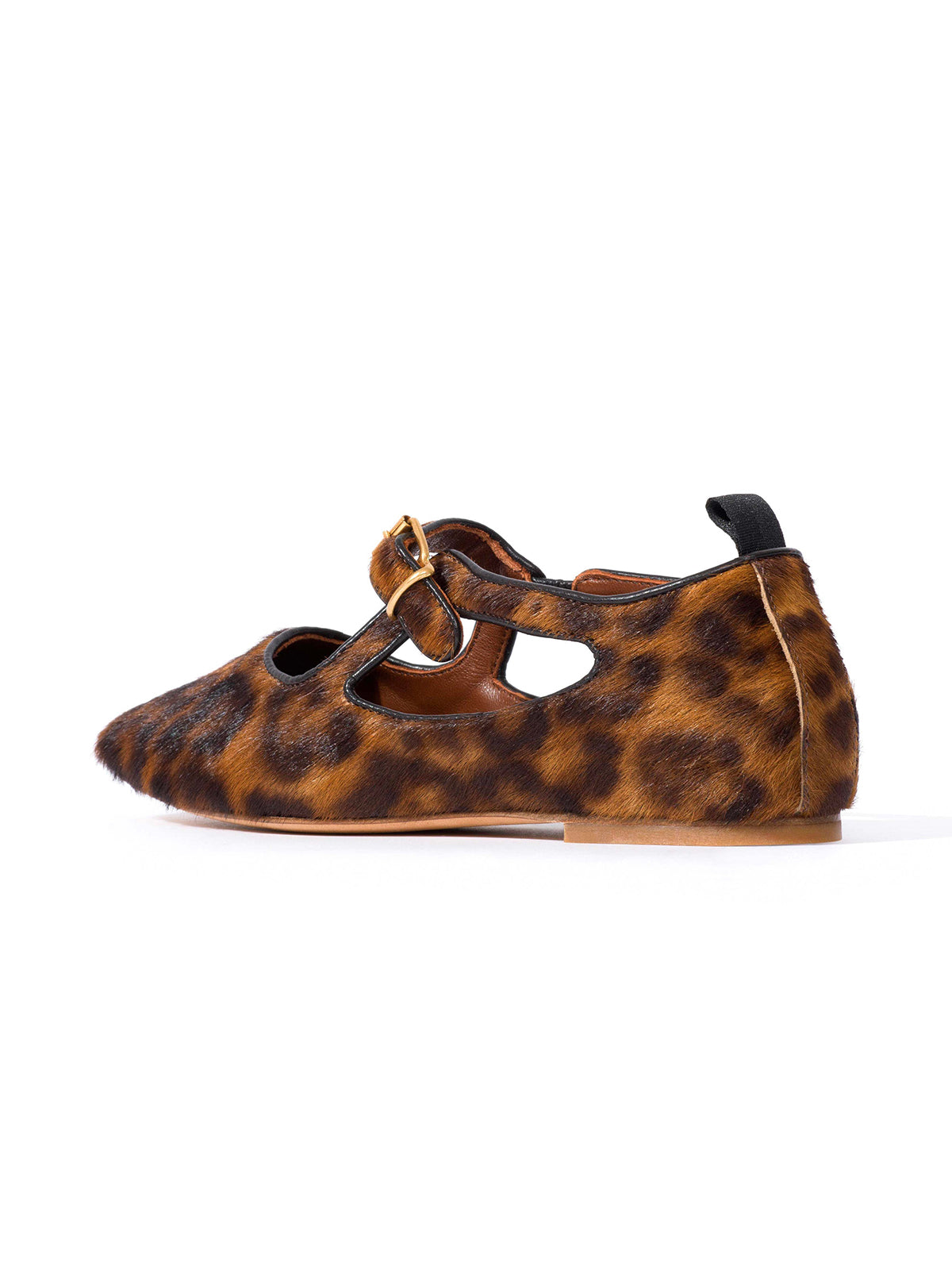 Square-Toe Buckle Strap Chic Flats - Leopard Pony Hair Vegan Leather