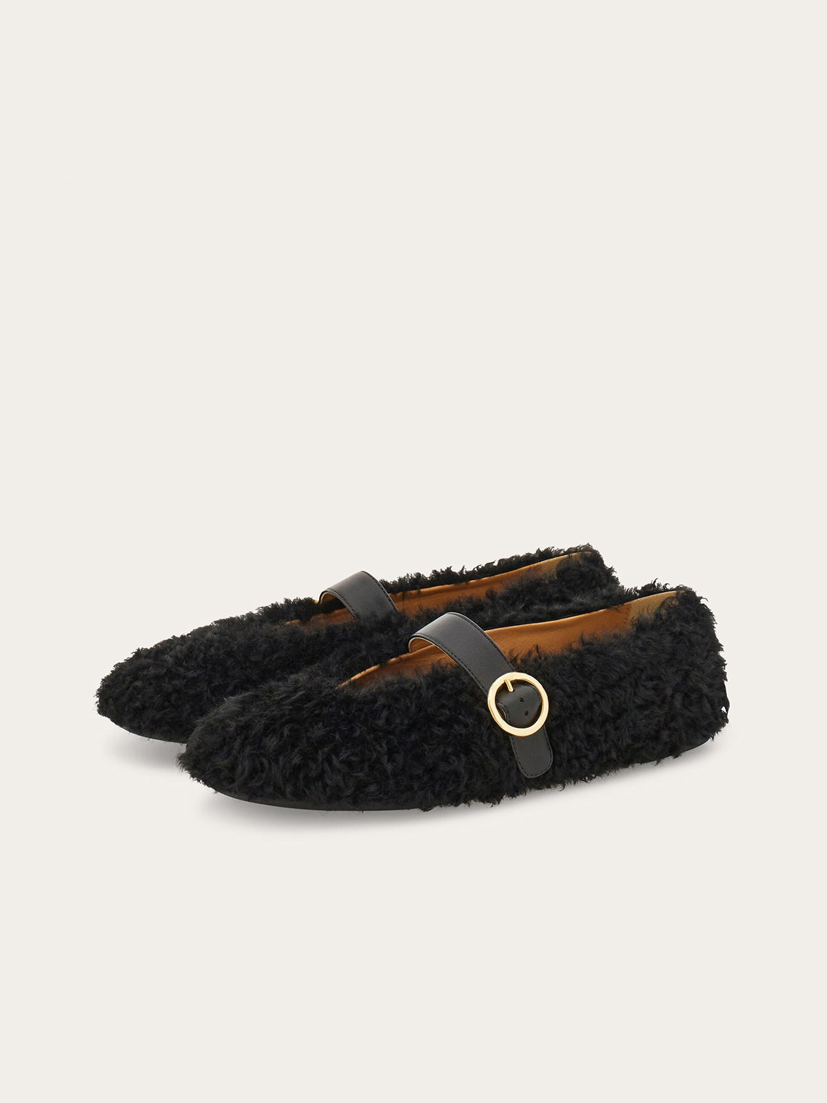 Black Plush Square-Toe Vegan Leather Bridge Strap Ballet Flats