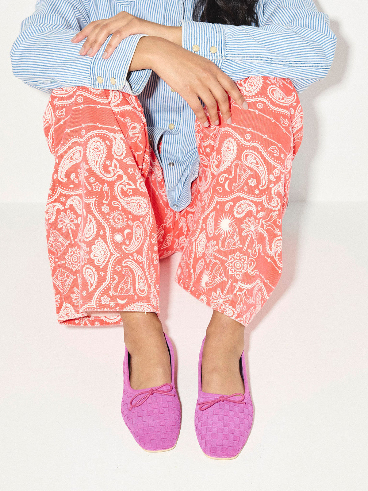 Magenta Woven Faux Suede Square-Toe Front Bow Ballet Flats