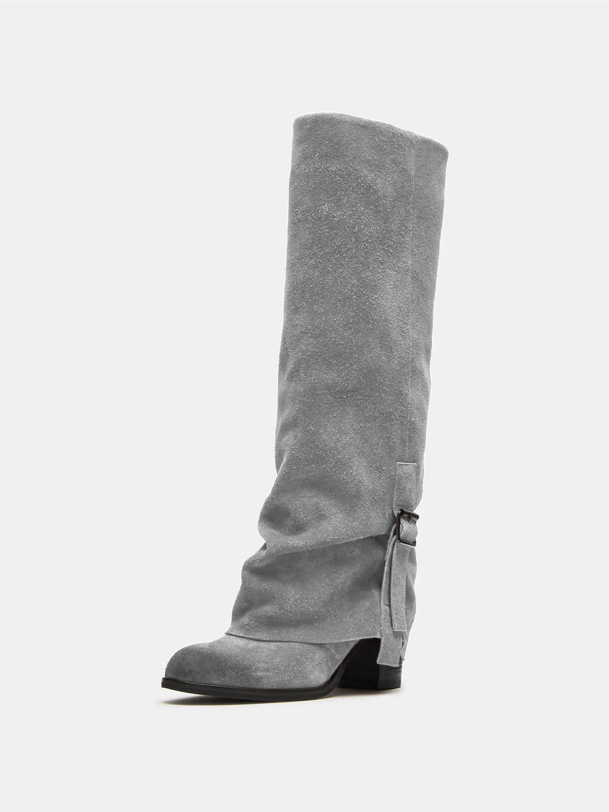 Gray Faux Suede Round-Toe Fold-Over Adjustable Buckle Knee High Cowgirl Boots