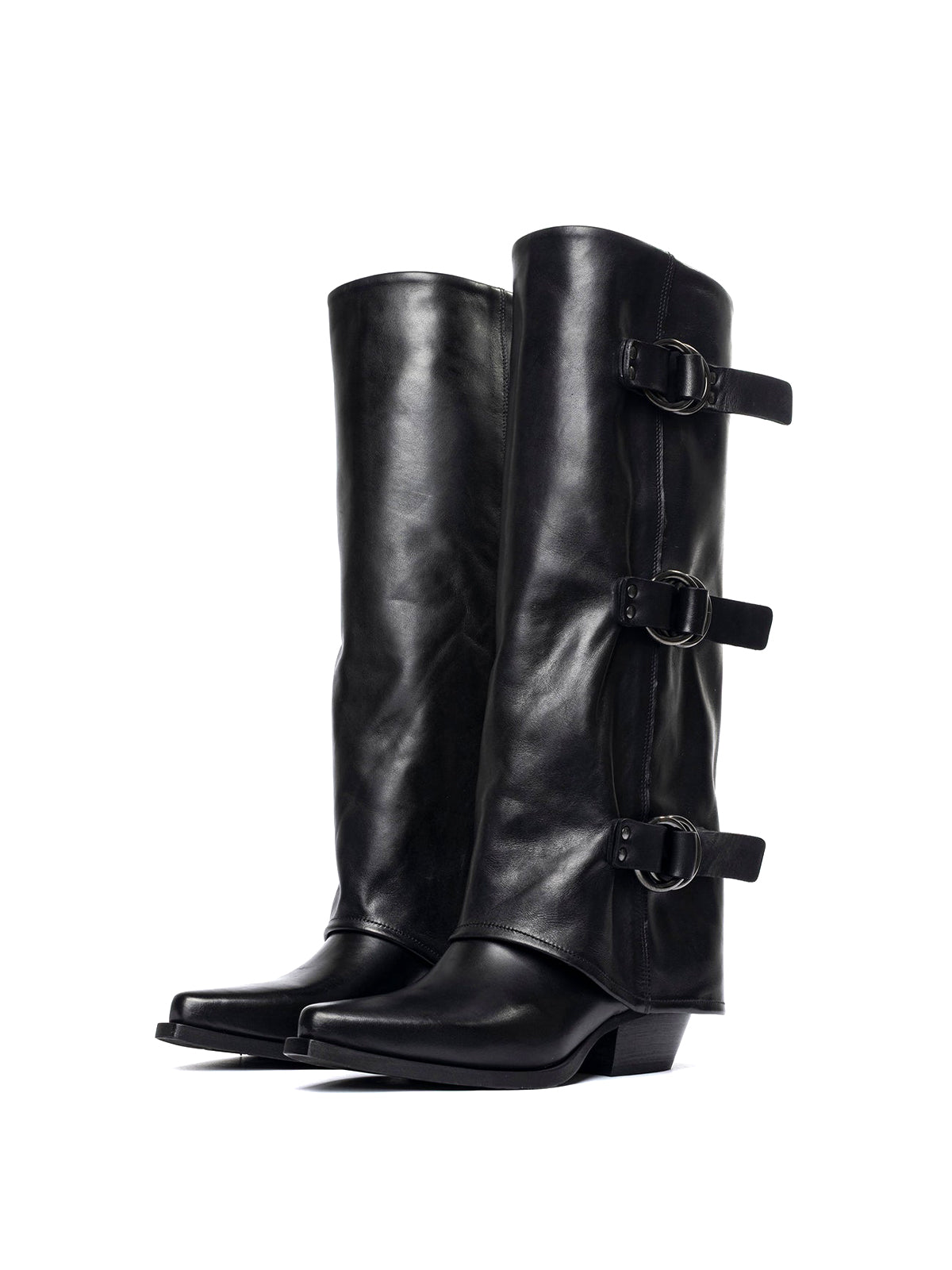 Black Snip-Toe Three Buckle Straps Fold-Over Wide Calf Knee High Cowgirl Boots