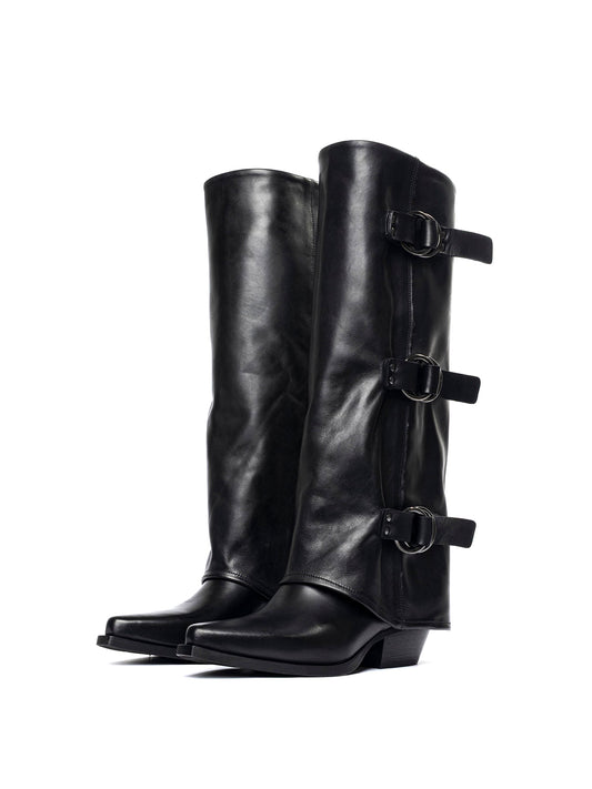 Black Snip-Toe Three Buckle Straps Fold-Over Wide Calf Knee High Cowgirl Boots