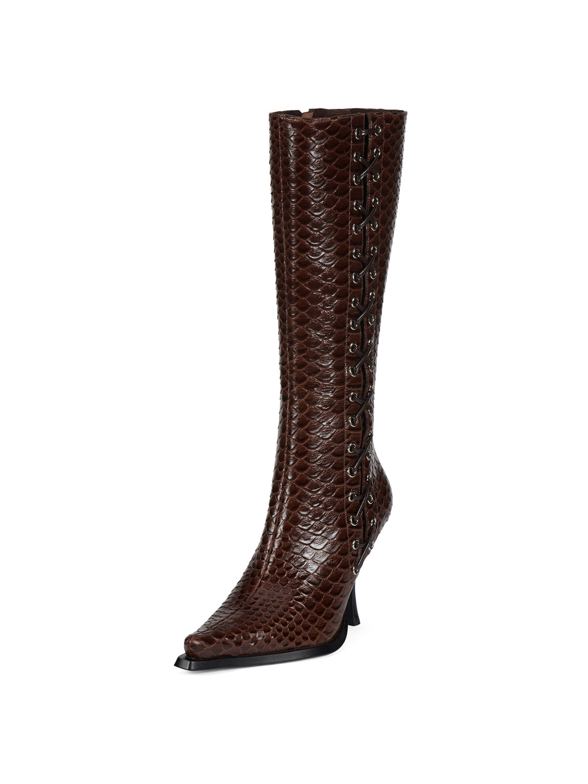 Brown Pointed-Toe Side Lace-Up And Full-Zip Wide Calf Knee High Stiletto Boots