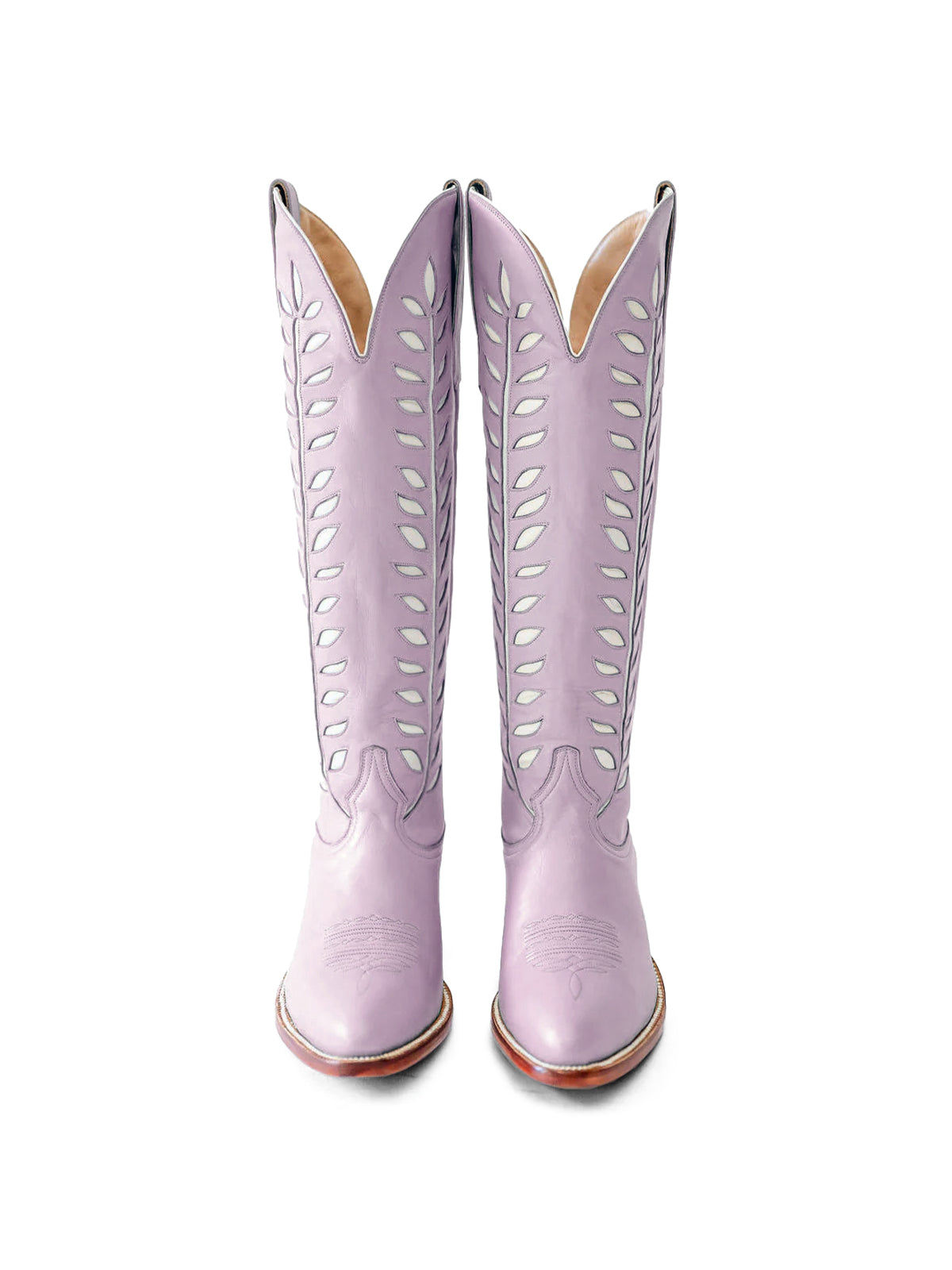Almond-Toe White Leaves Inlay Wide Calf Tall Knee High Cowgirl Boots - Lavender