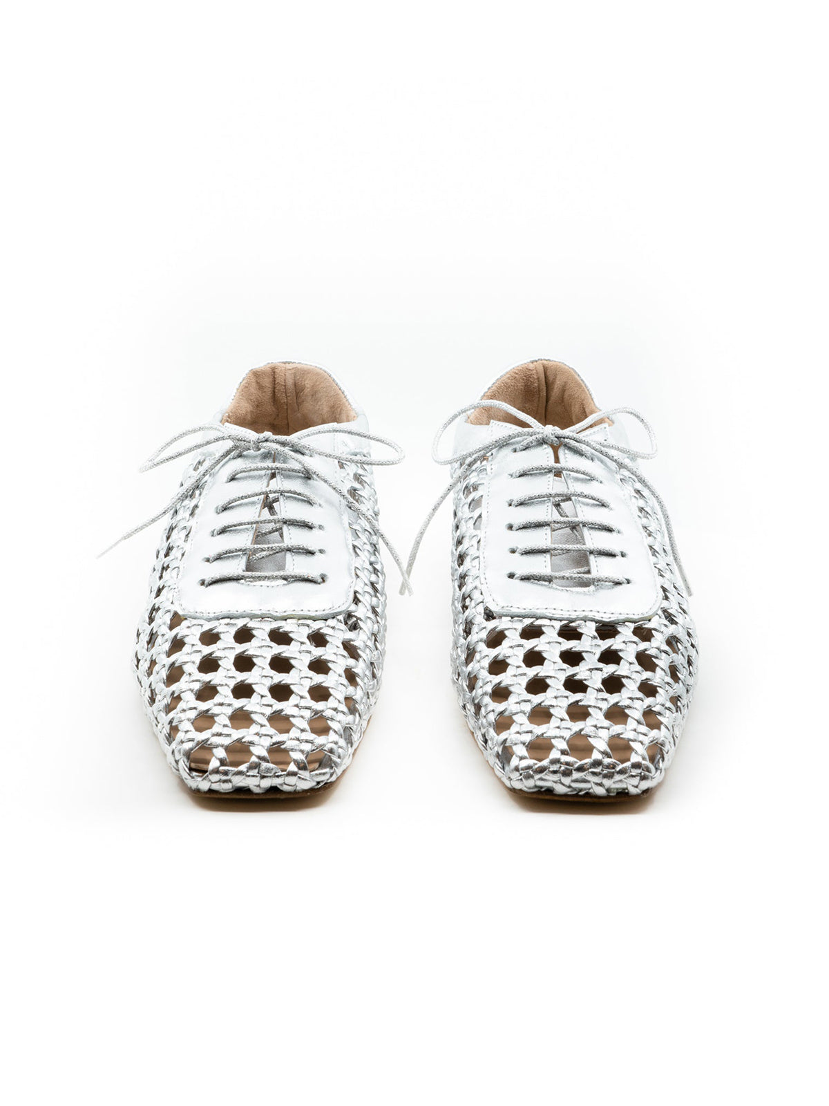 Metallic Silver Woven Vegan Leather Square-Toe Chic Lace-Up Flats
