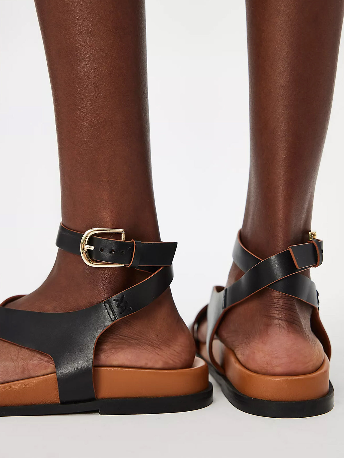 Black Round-Toe Criss-Cross And Ankle Straps Footbed Sandals
