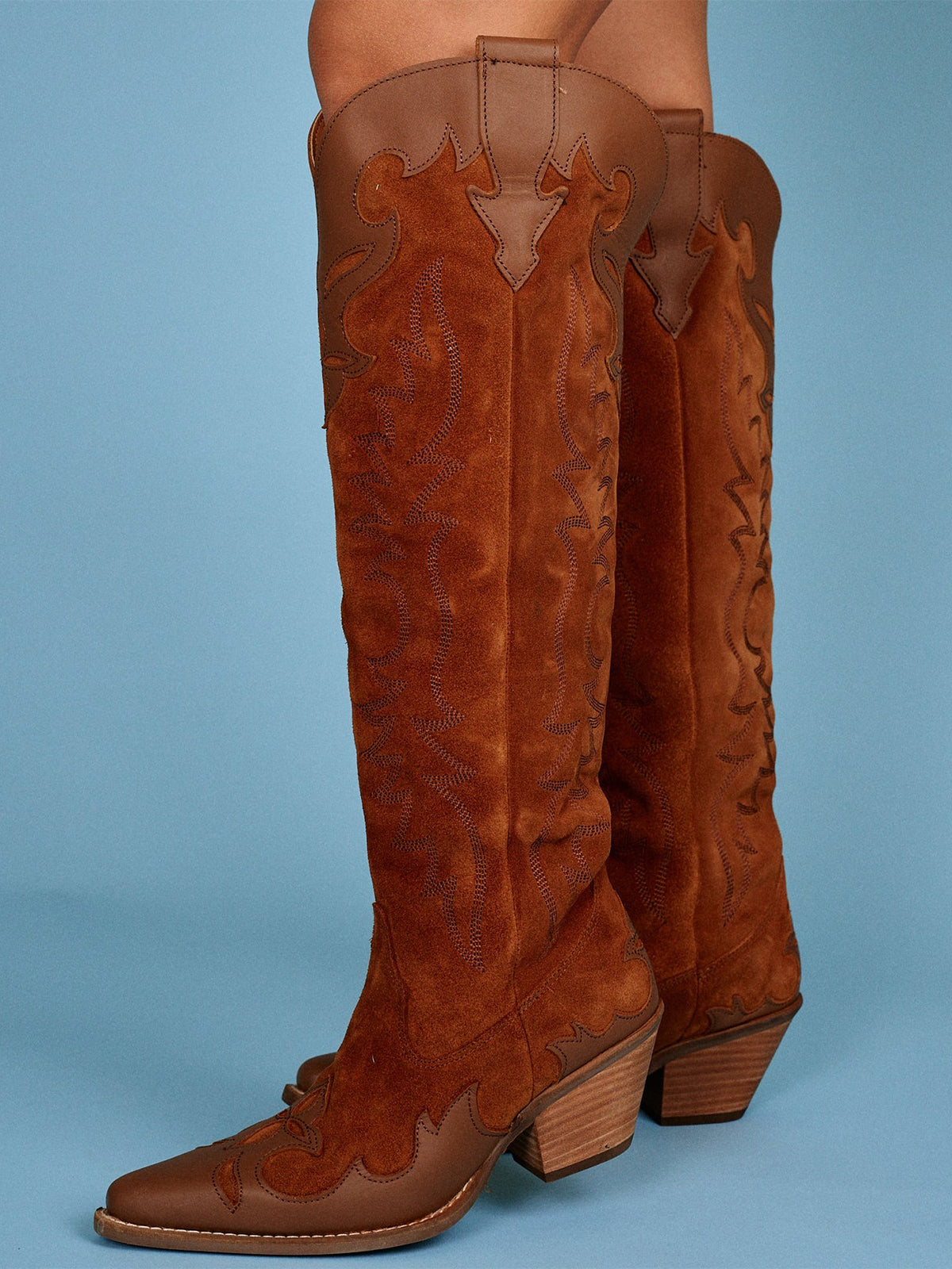 Camel Faux Suede Snip-Toe Embroidery Vegan Leather Applique Wide Calf Knee High Cowgirl Boots