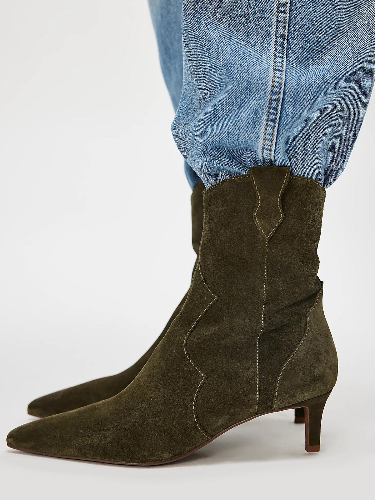 Olive Green Faux Suede Pointed-Toe Full-Zip Ankle Stiletto Boots