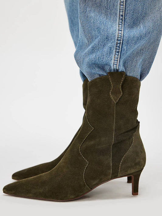 Olive Green Faux Suede Pointed-Toe Full-Zip Ankle Stiletto Boots