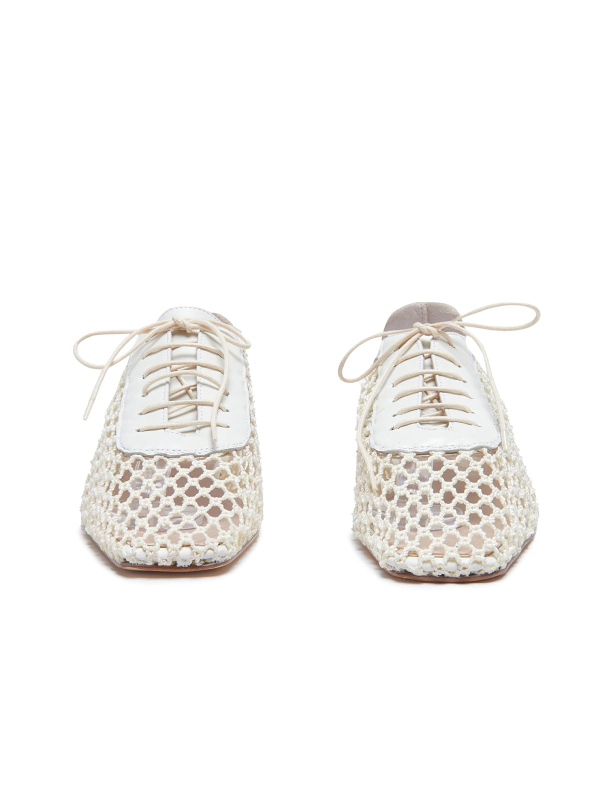 Ivory Mesh And Vegan Leather Square-Toe Lace-Up Chic Flats