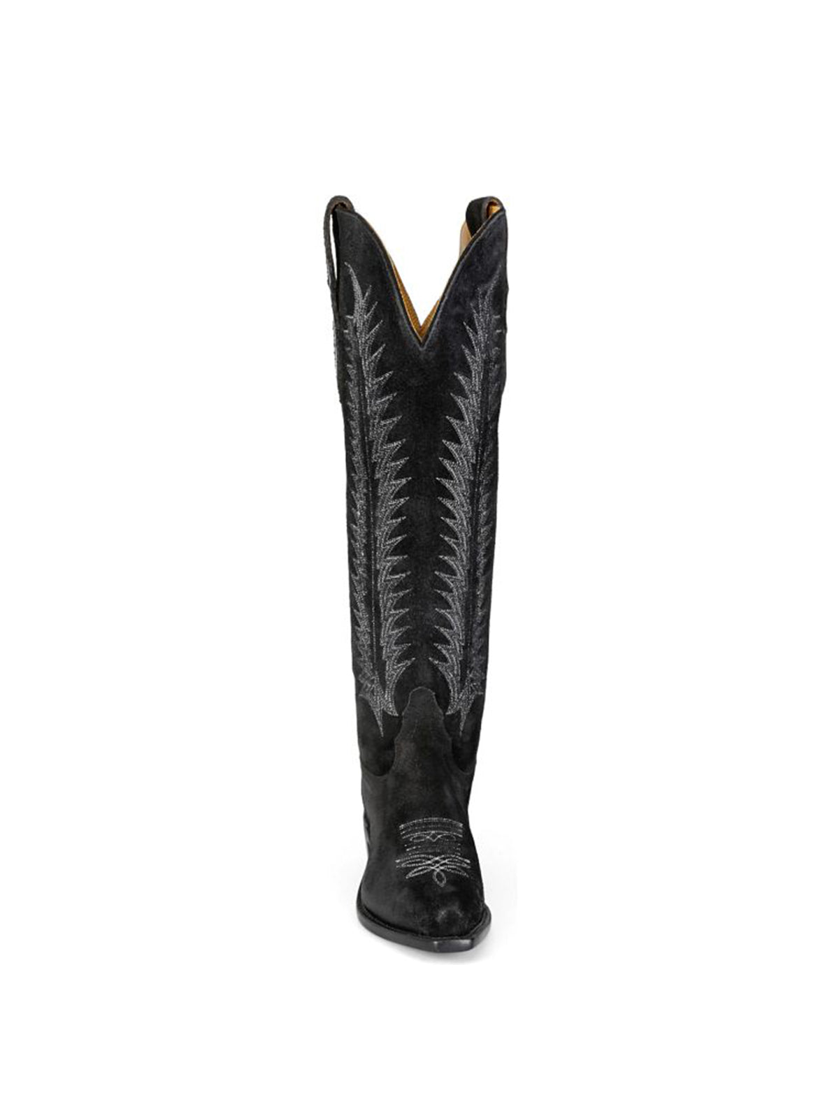 Black Faux Suede Snip-Toe Wide Calf Embroidery Knee High Cowgirl Boots