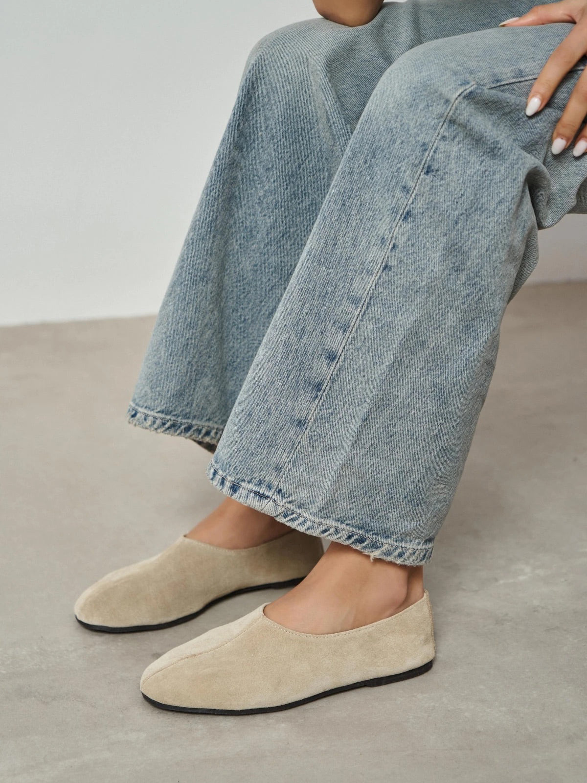 Beige Cow Suede Round-Toe Slip-On Simple Flats