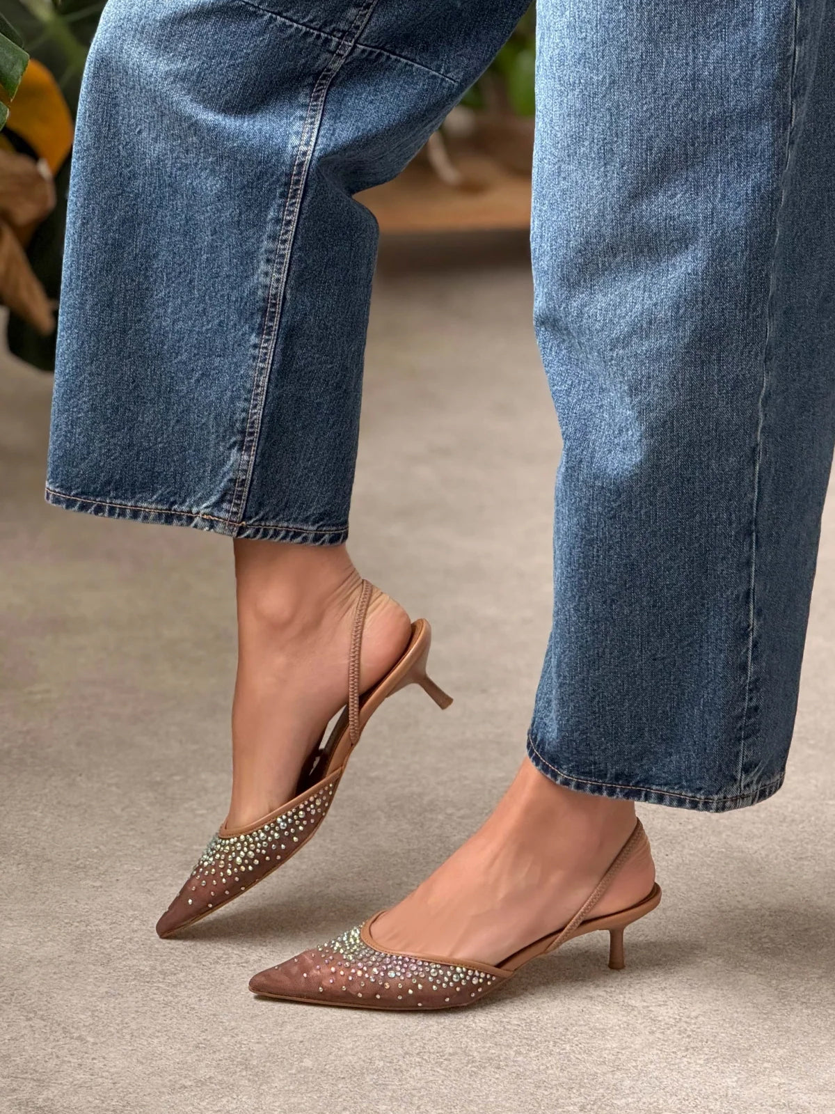 Nude Rhinestone Mesh Pointed-Toe Slingback Kitten Heels