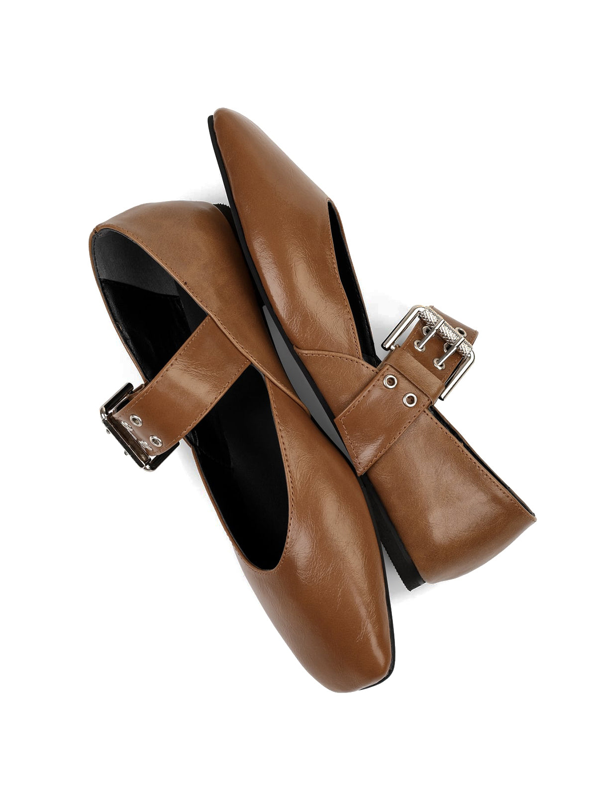 Caramel Square-Toe Buckle Bridge Strap With Eyelets Ballet Flats