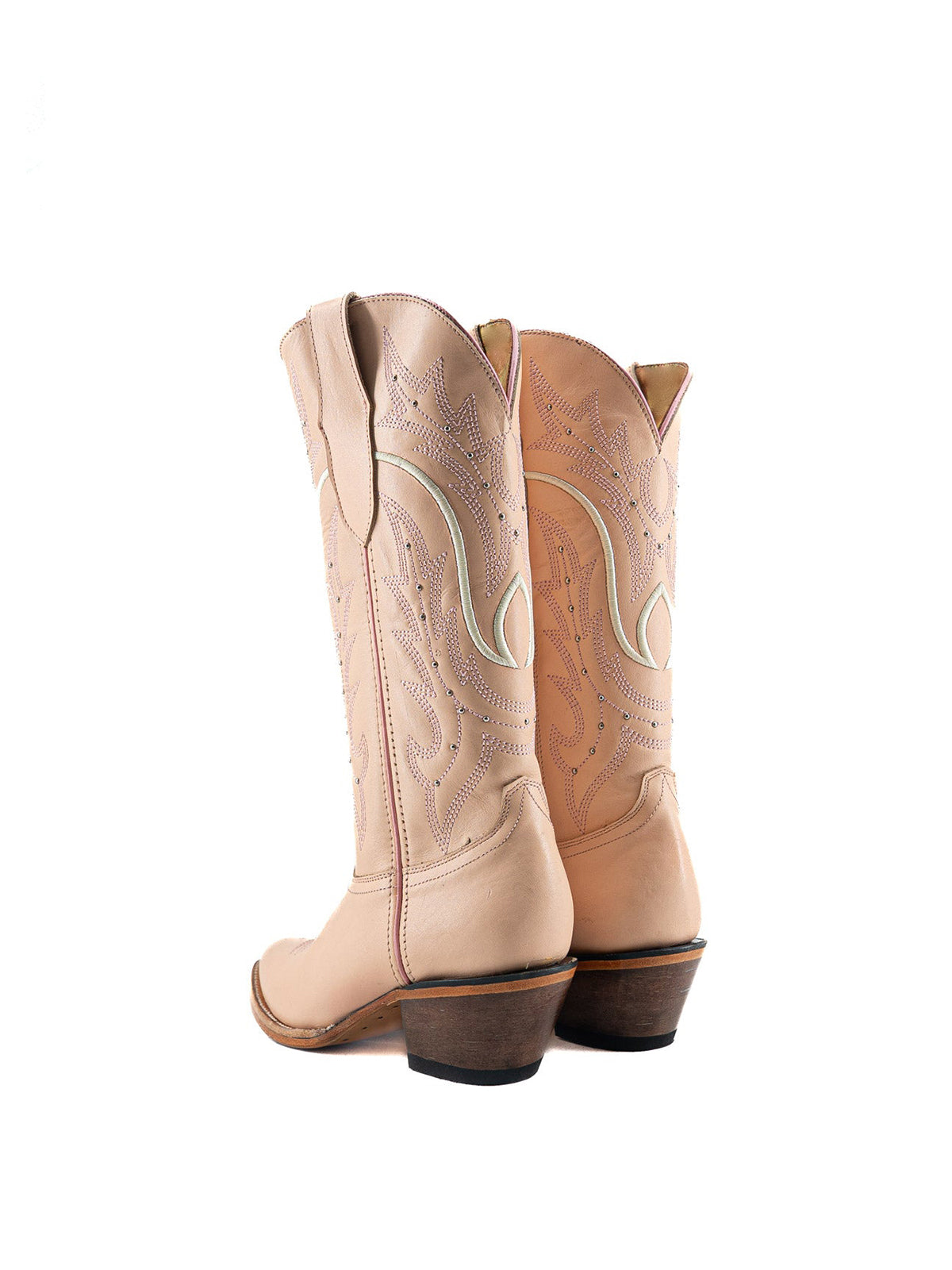 Pastel Pink Almond-Toe Embroidery With Studs Half-Zip Mid Calf Cowgirl Boots