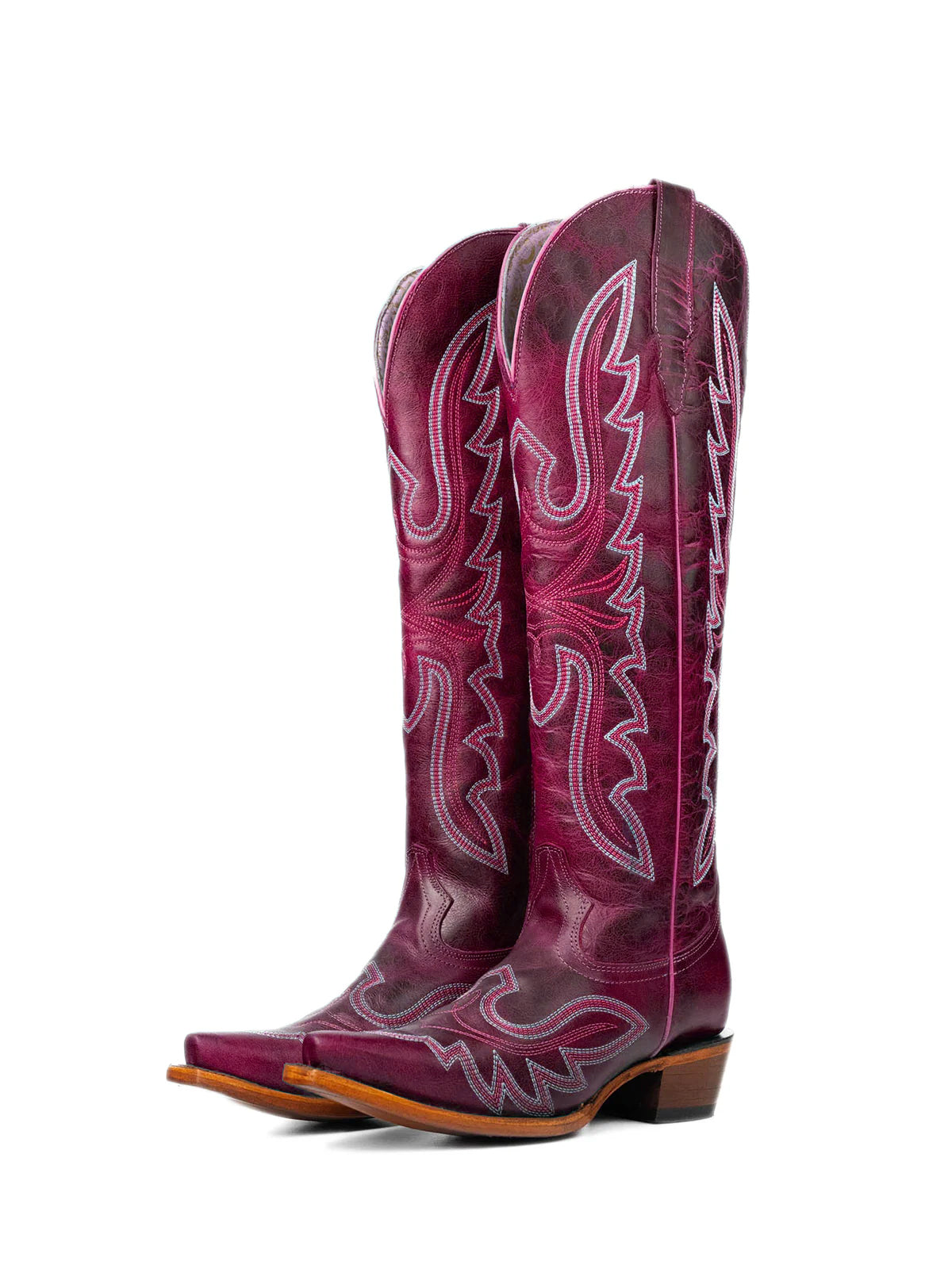 Distressed Burgundy Snip-Toe Embroidery Knee High Tall Half-Zip Cowgirl Boots