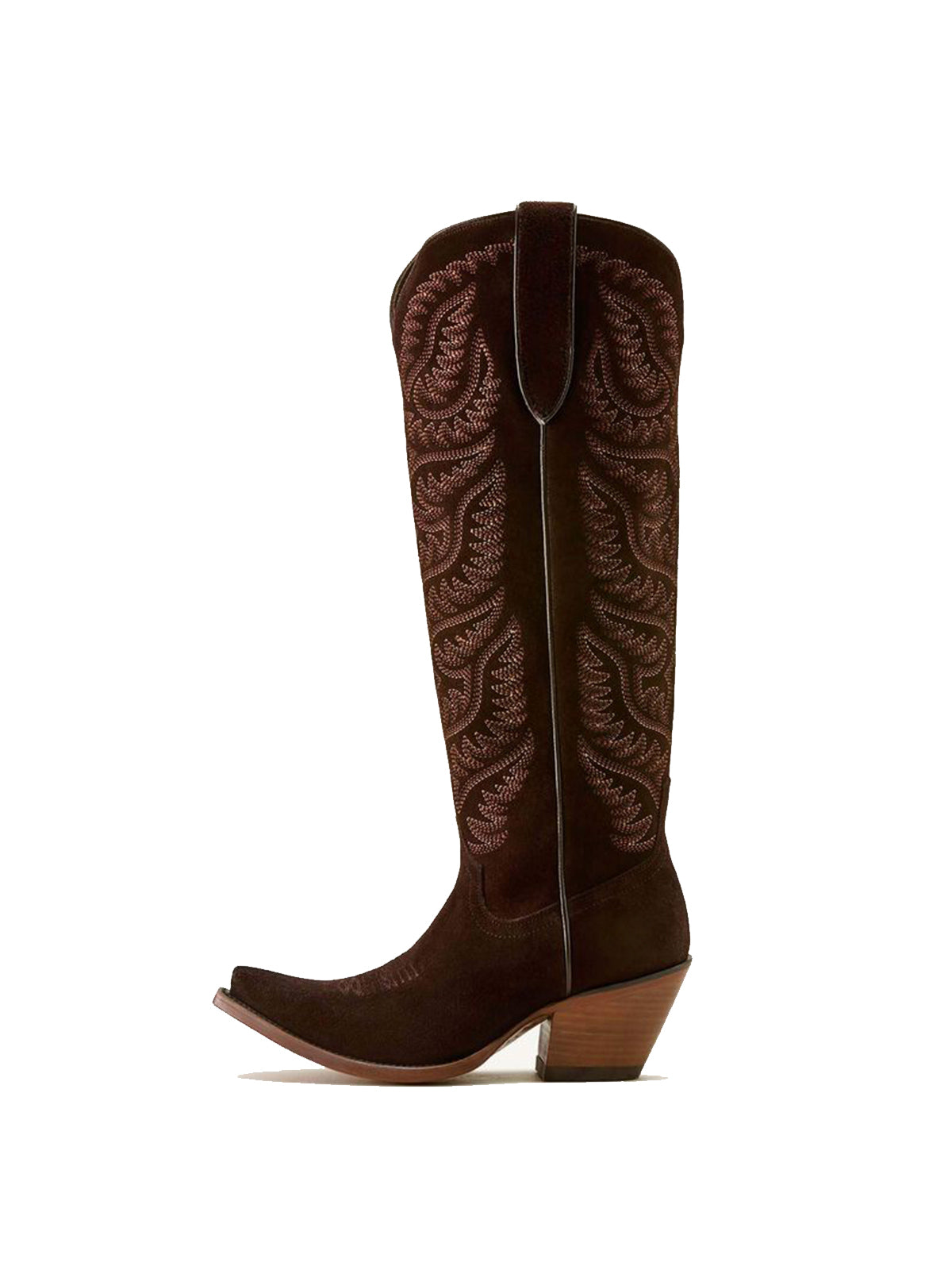 Embroidery Half-Zip Tall Knee High Faux Suede Snip-Toe Cowgirl Boots - Warm Brown