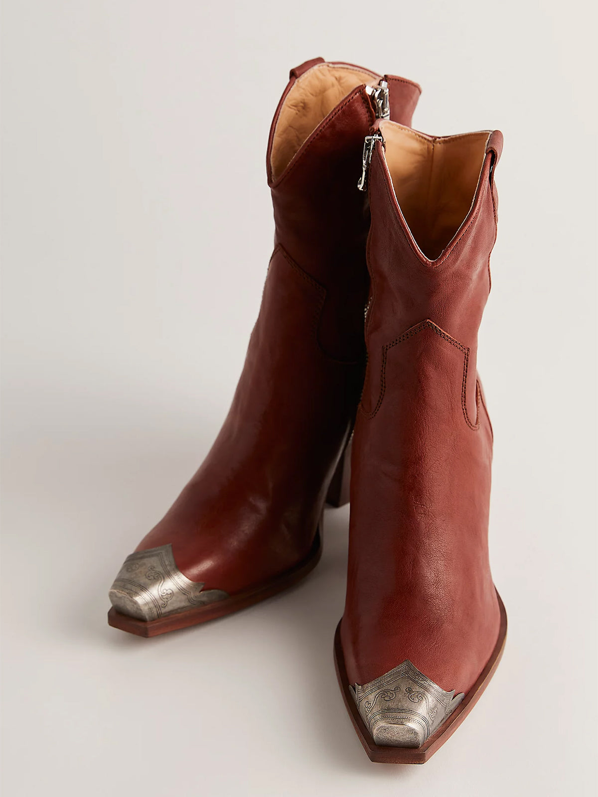 Metal Snip-Toe Full-Zip Classic Cowgirl Ankle Boots - Cherry Mahogany