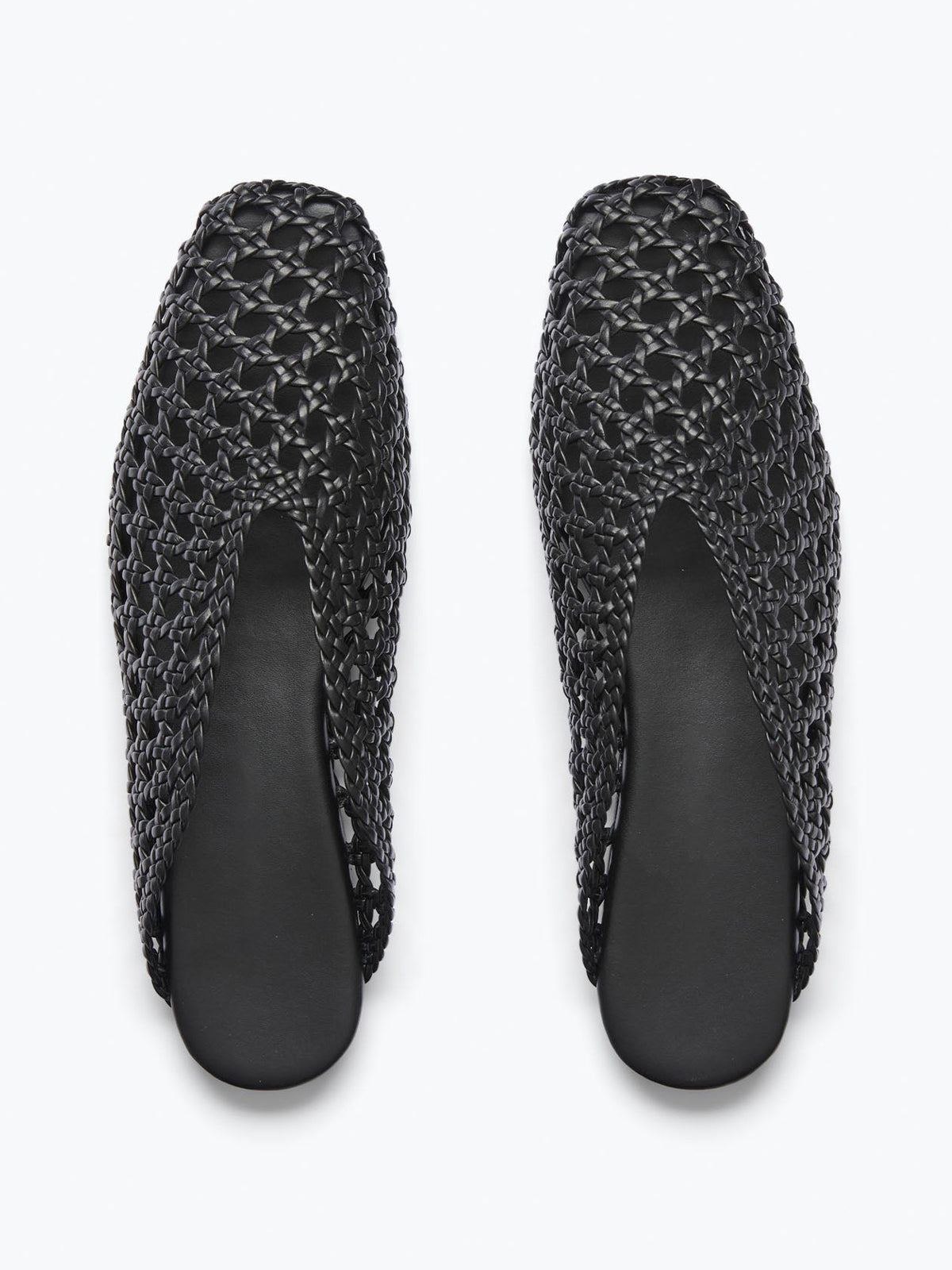 Woven Vegan Leather Square-Toe Ankle Lace-Up Backless Flats - Black