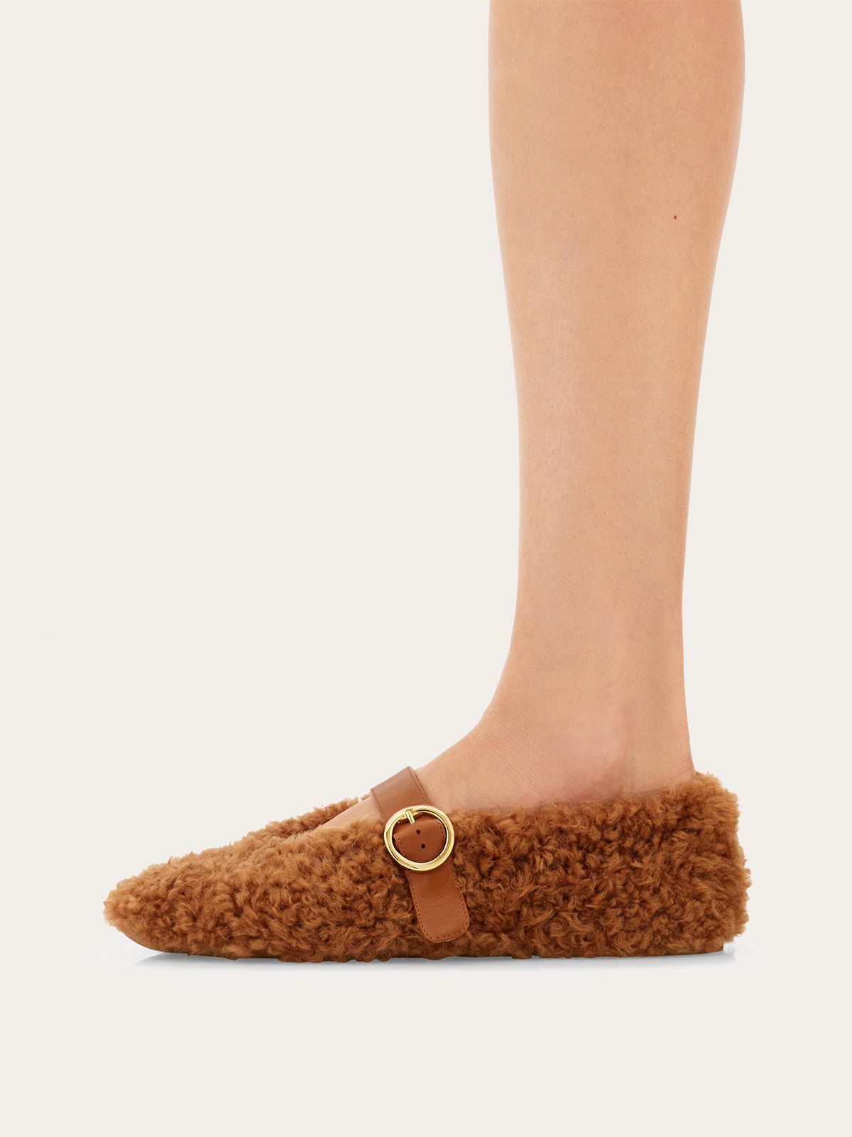 Brown Plush Square-Toe Vegan Leather Bridge Strap Ballet Flats