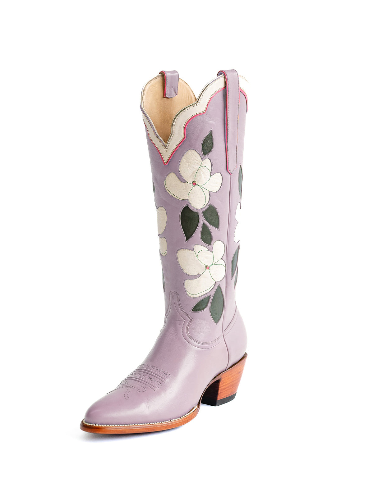 Purple Almond-Toe White Flower Inlay Wide Calf Knee High Cowgirl Boots