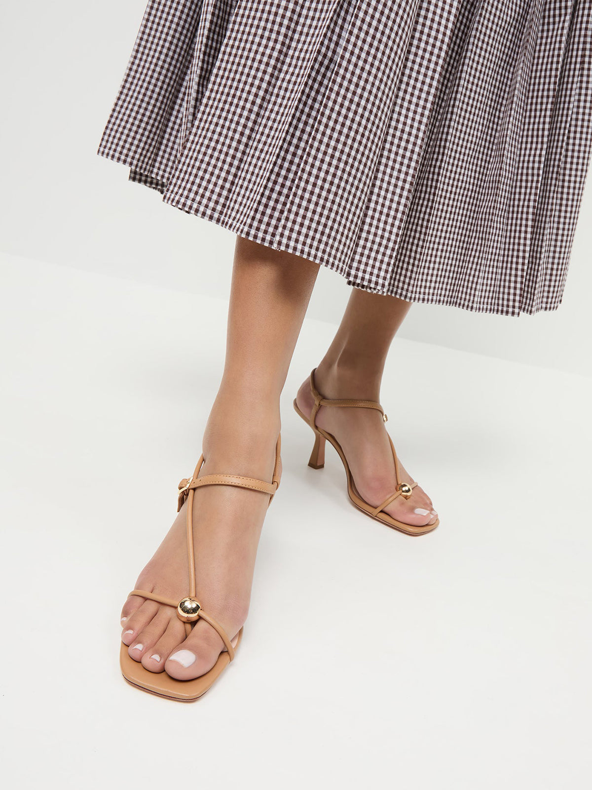 Sand Square-Toe Buckle Strappy Kitten Heels With One Silver Ball