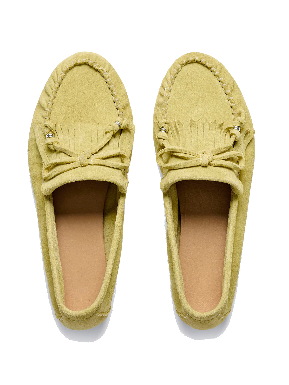 Yellow Cow Suede Round-Toe Front Fringe And Bow Loafers Flats