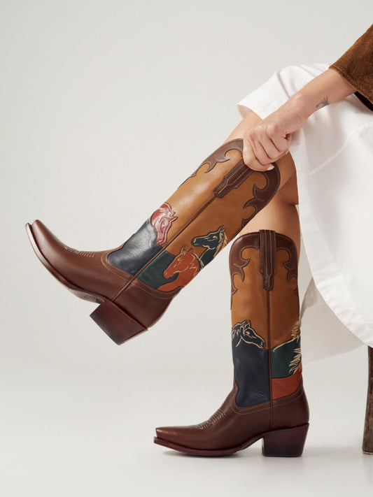 Brown Snip-Toe Horsehead Applique Mid Calf Cowgirl Boots