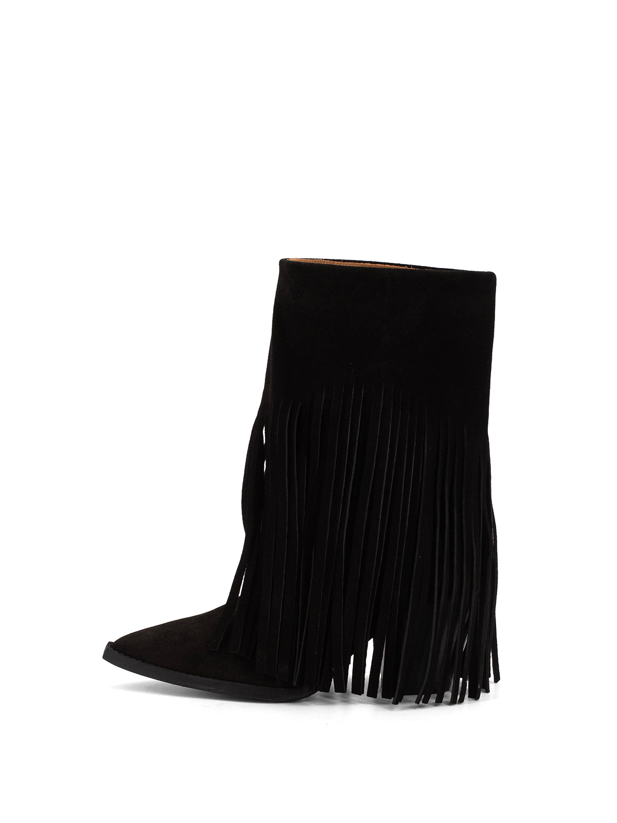 Black Faux Suede Pointed-Toe Fringe Mid Calf Cowgirl Boots