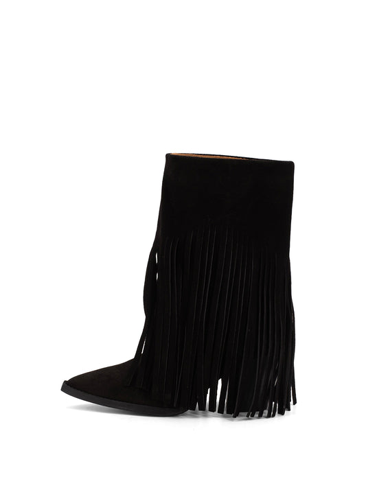 Black Faux Suede Pointed-Toe Fringe Mid Calf Cowgirl Boots