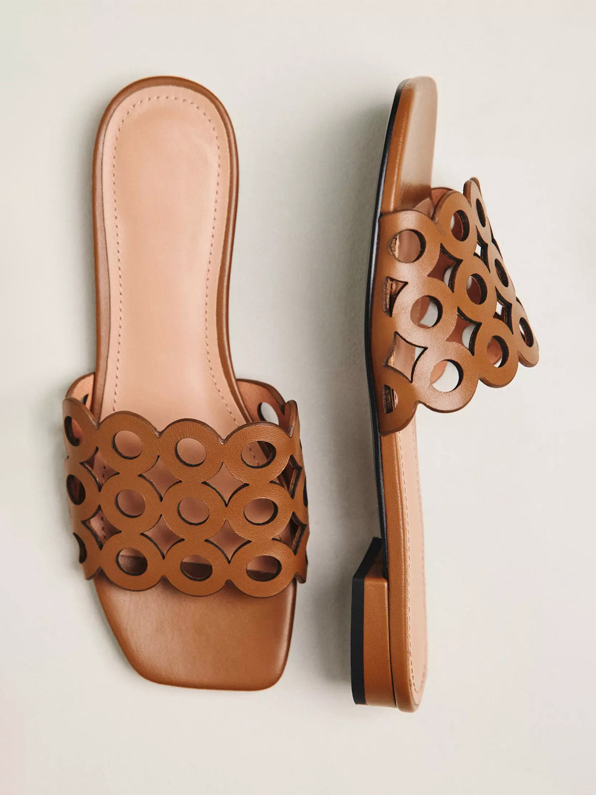 Camel Square-Toe Cutout Slide Backless Sandals Flats